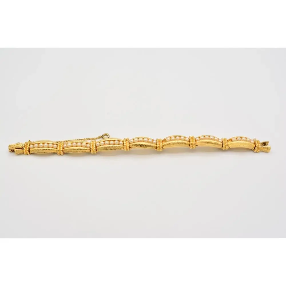 Vintage Linked Bracelet Brushed Gold Tone Pearl Inlay Chunky Heavy 1980s Bin5